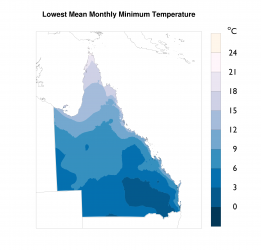 Lowest mean daily minimum temperature for any month in the 2012 to 2016 period.