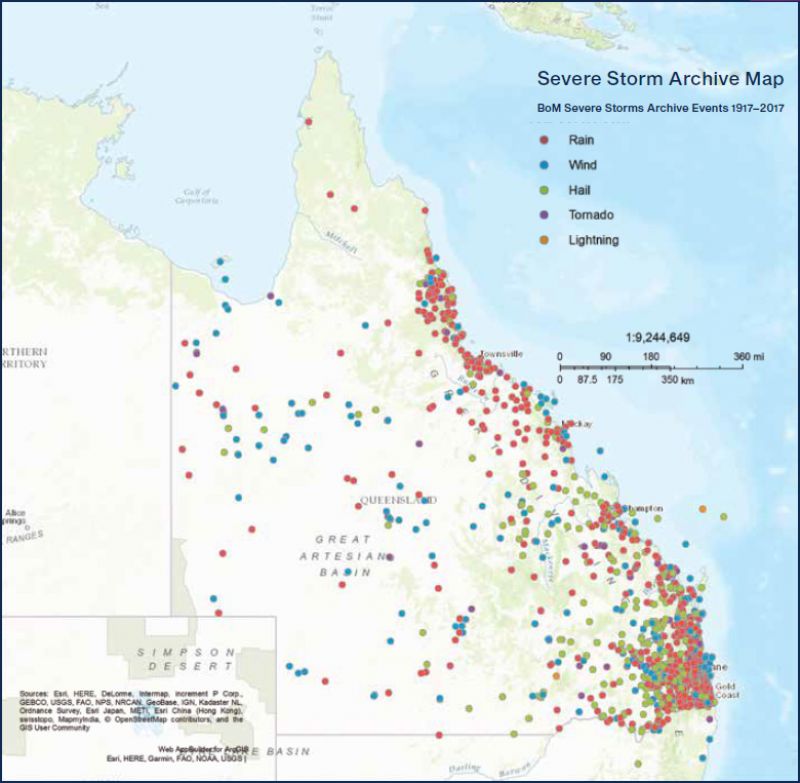 The number and type of severe weather events in Queensland since 1917