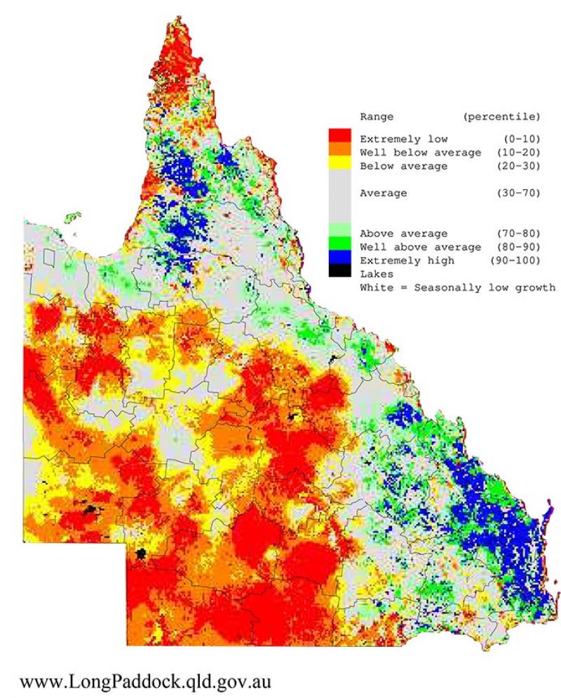 Maps show the last three 12-month periods (April-March) of rainfall and pasture growth for Queensland as percentiles (i.e. relative to history).