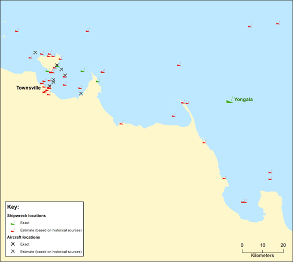 Figure 1: Exact and estimated locations of ship and aircraft wrecks