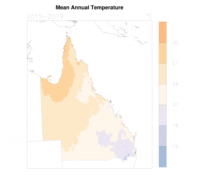 Mean annual temperature, 2015 to 2019