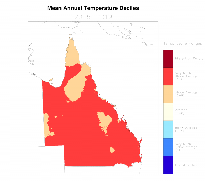 Decile for mean annual temperature, 2015 to 2019